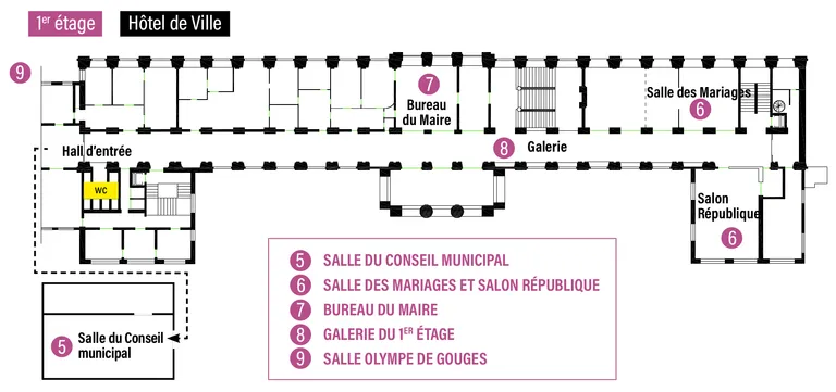 Plan du 1er étage de l'Hôtel de Ville indiquant l'emplacement de la salle du Conseil municipal (5), de la Salle des mariages et du Salon République (6), du Bureau du maire (7), de la Galerie du 1er étage (8) et de la Salle Olympe de Gouges (9)