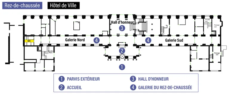 Plan du rez-de-chaussée de l'Hôtel de Ville indiquant l'emplacement du parvis extérieur (1), de l'accueil (2), du hall d'honneur (3) ainsi que des galeries Nord et Sud (4)