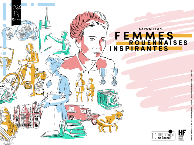 Affiche de l'exposition Femmes inspirantes rouennaises qui commence le 16 septembre 2021 sur les grilles du squatre Verdrel Dessin sur lequel l'on voit des portraits de femme en rose, un appareil photo en vert, une infirmière en bleu, une femme en train de peindre en vert, une autre à vélo en jaune