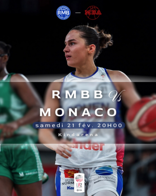 L'affiche du match avec une joueuse rouennaise ballon en main