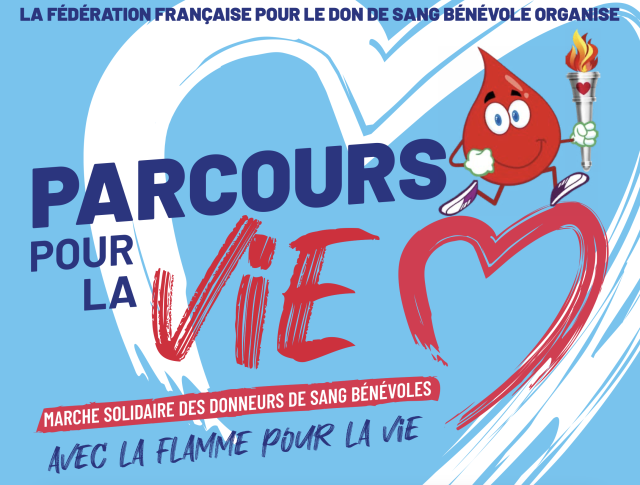 Une mascotte goutte de sang tient un flambeau dans la main