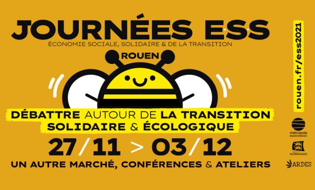 Journées ESS 2021 Affiche avec un fond orange représentant une abeille aux ailes blanches, au corps jaune avec des rayures noires. Le texte est écrit en noir sur fond jaune et il y a marqué "débattre autour de la transition solidaire et écologique"