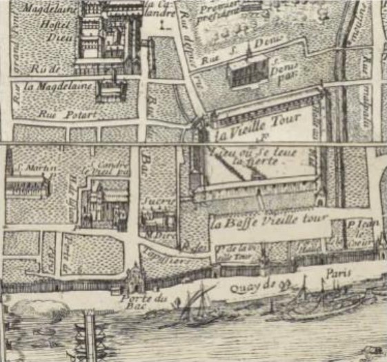 Situation des halles, détail du plan de Jacques Gomboust, 1655. © Archives départementales de Seine-Maritime